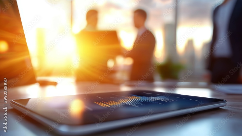 A tablet is on a table with a man and woman in the background A tablet is on a table with a man and woman in the background