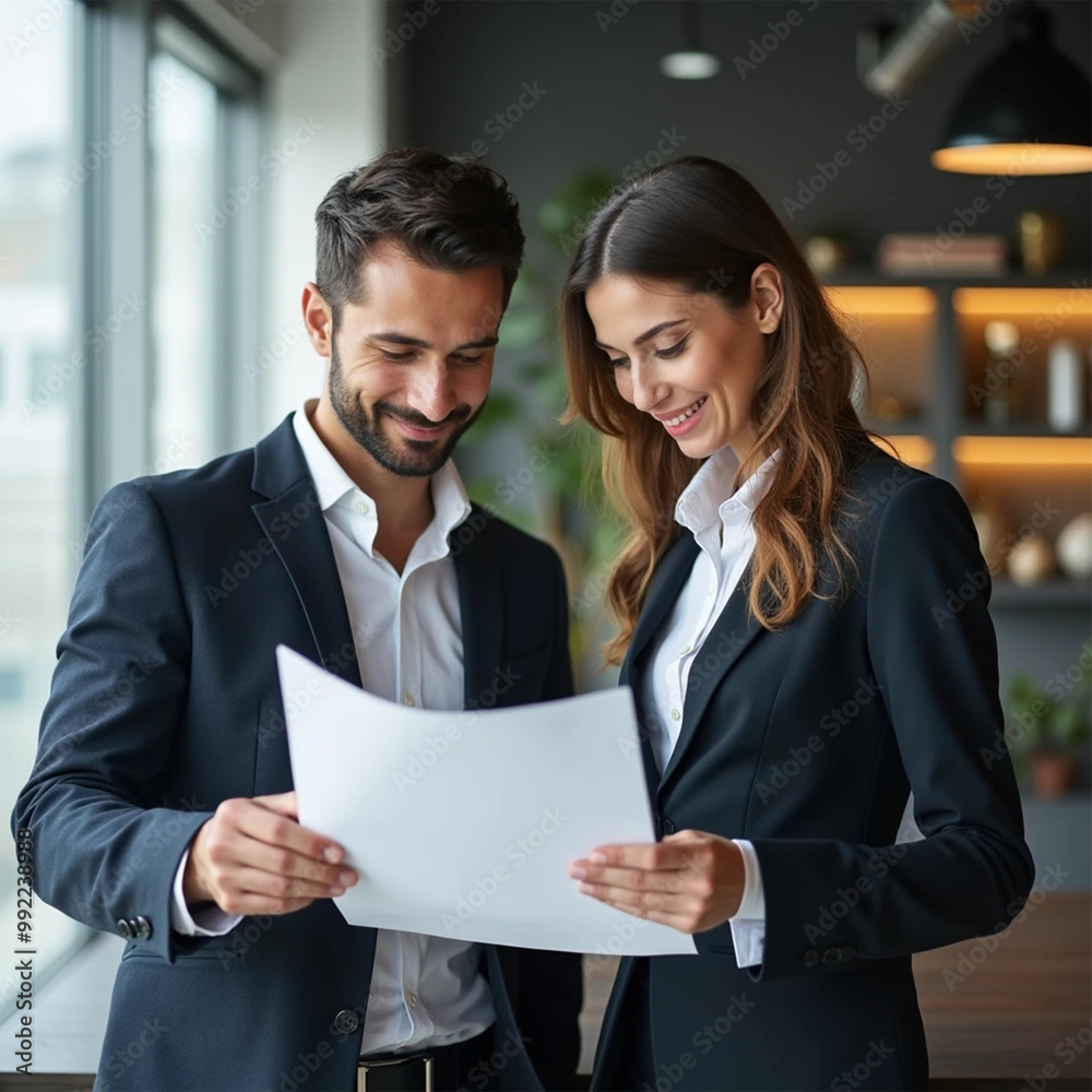 A businessman and a businesswoman engage in a discussion while reading a financial report together. Young business professionals working togeprofessionals working together in a modern finance company. A businessman and a businesswoman engage in a discussion while reading a financial report together. Young business professionals working togeprofessionals working together in a modern finance company.