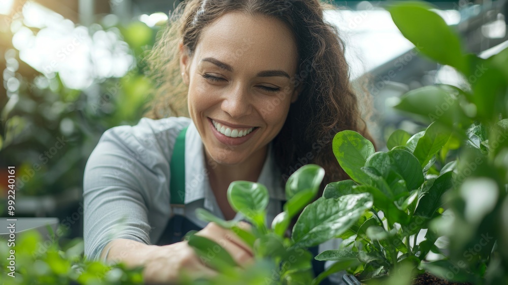 A woman is smiling while tending to a plant A woman is smiling while tending to a plant