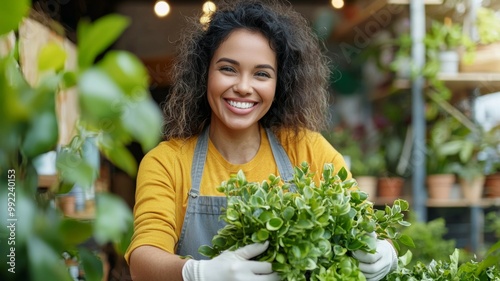 A woman is smiling and holding a bunch of green plants