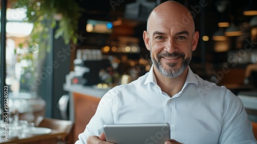 A man is sitting at a table with a tablet in his hand