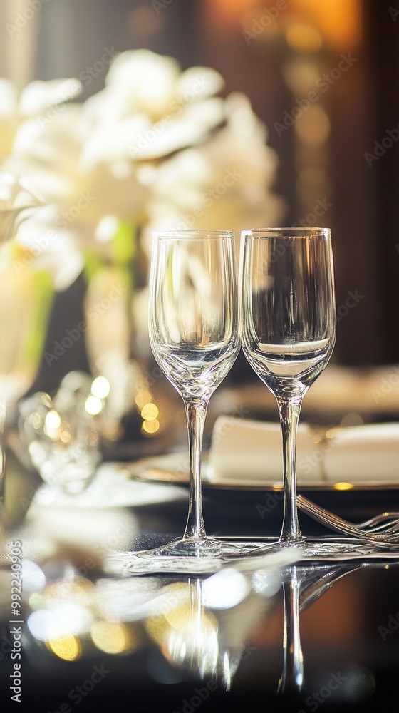 Elegant Dining Setup with Glasses and Flowers Elegant Dining Setup with Glasses and Flowers