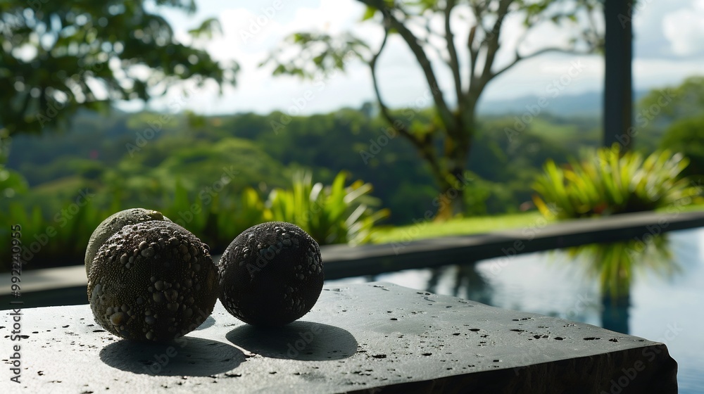 Mamoncillo fruit resting smooth stone garden table luxury resort sparkling infinity pool lush greenery softly blurred behind creating luxurious tropical atmosphere Scientific name Melicoccus bijugatus Mamoncillo fruit resting smooth stone garden table luxury resort sparkling infinity pool lush greenery softly blurred behind creating luxurious tropical atmosphere Scientific name Melicoccus bijugatus