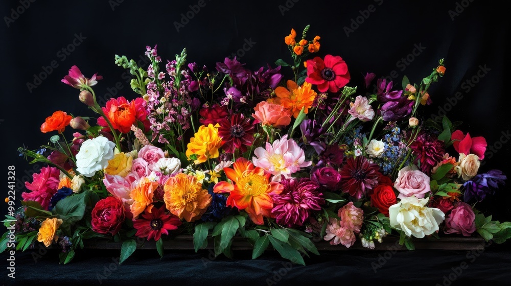 A stunning arrangement of colorful flowers with intricate detailing, set against a dark background, creating a dramatic floral scene A stunning arrangement of colorful flowers with intricate detailing, set against a dark background, creating a dramatic floral scene