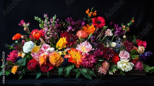 A stunning arrangement of colorful flowers with intricate detailing, set against a dark background, creating a dramatic floral scene