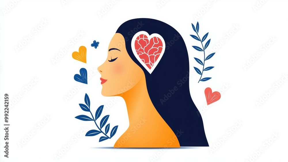 A woman with a heart on her head and a leafy background A woman with a heart on her head and a leafy background