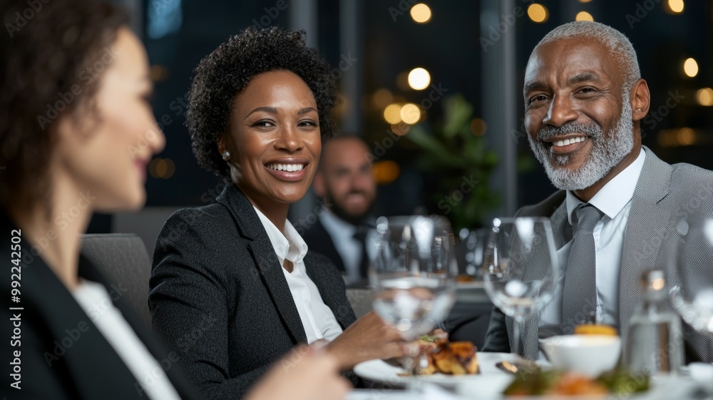 A group of people are sitting at a table, smiling and enjoying their meal A group of people are sitting at a table, smiling and enjoying their meal