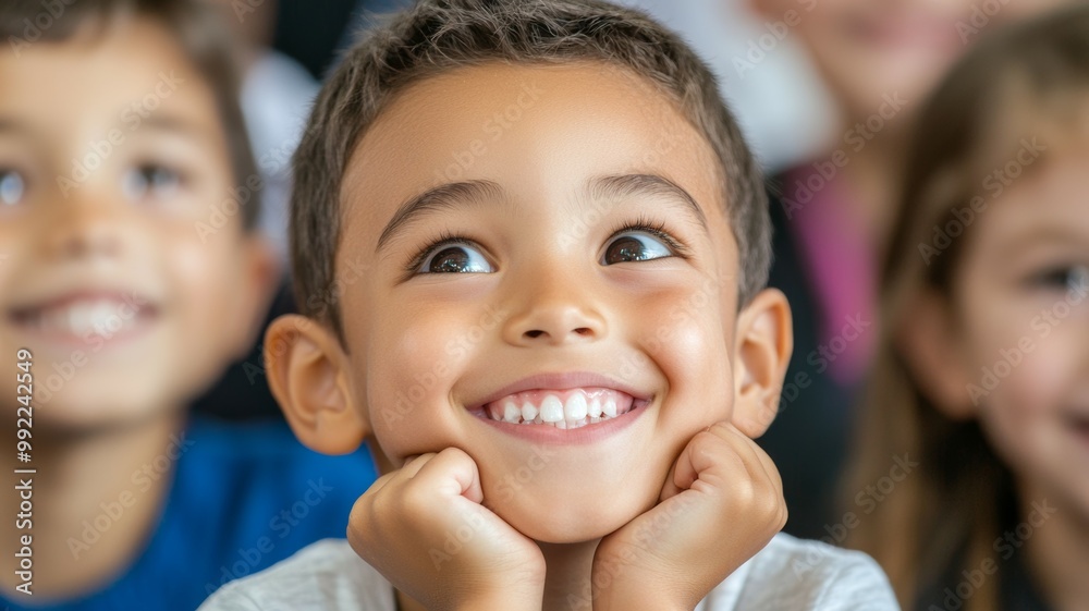 A young boy with a big smile on his face is looking up at the camera A young boy with a big smile on his face is looking up at the camera