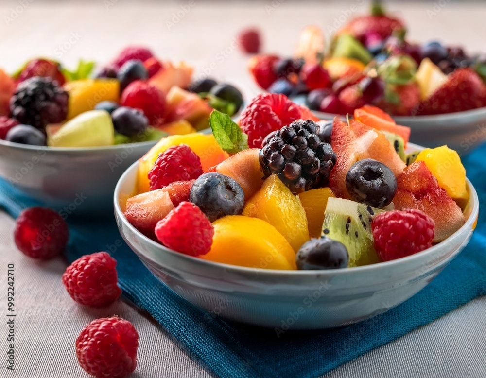 Bright and colorful breakfast fruit salads with depth of field highlighting fresh, seasonal produce Bright and colorful breakfast fruit salads with depth of field highlighting fresh, seasonal produce