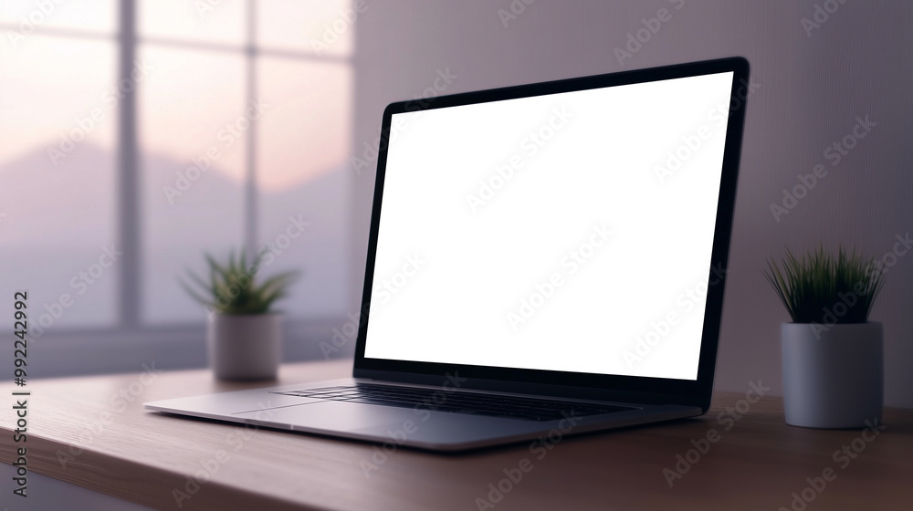 A modern laptop sits on wooden desk, surrounded by small potted plants, creating serene workspace atmosphere. blank screen invites creativity and productivity. A modern laptop sits on wooden desk, surrounded by small potted plants, creating serene workspace atmosphere. blank screen invites creativity and productivity.