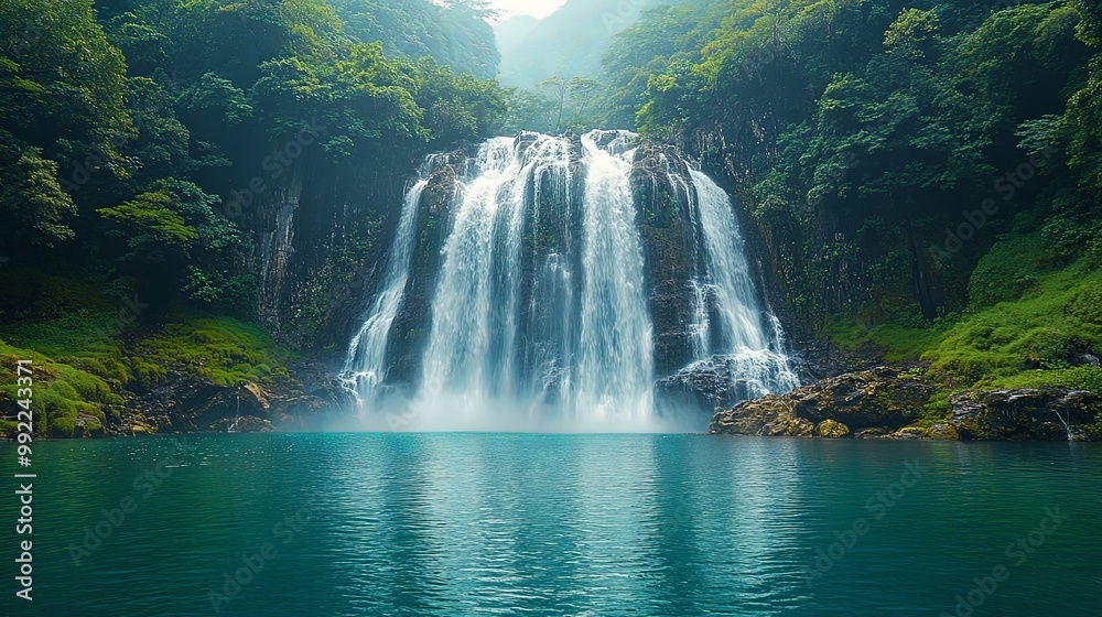 Tranquil Waterfall in Lush Green Forest Setting Tranquil Waterfall in Lush Green Forest Setting