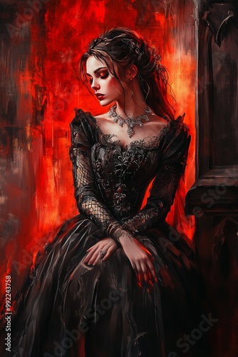 A young woman in a dark gothic dress sits gracefully against a fiery backdrop
