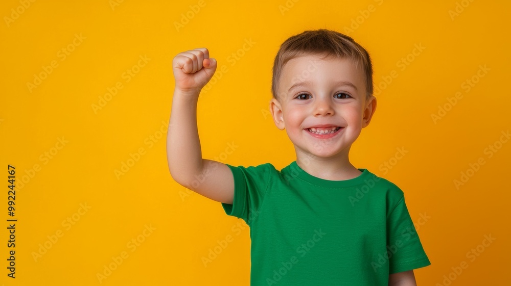 A young boy is standing on a yellow background A young boy is standing on a yellow background