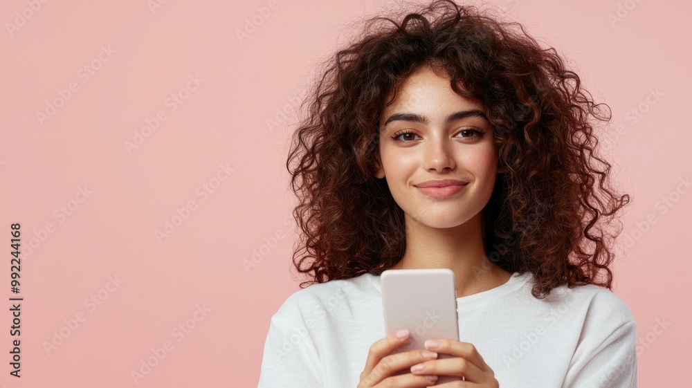 A woman with curly hair is holding a cell phone and smiling A woman with curly hair is holding a cell phone and smiling