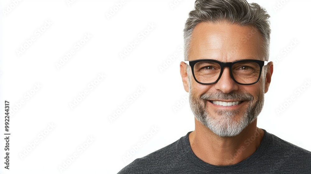 A man with glasses is smiling and wearing a black shirt A man with glasses is smiling and wearing a black shirt
