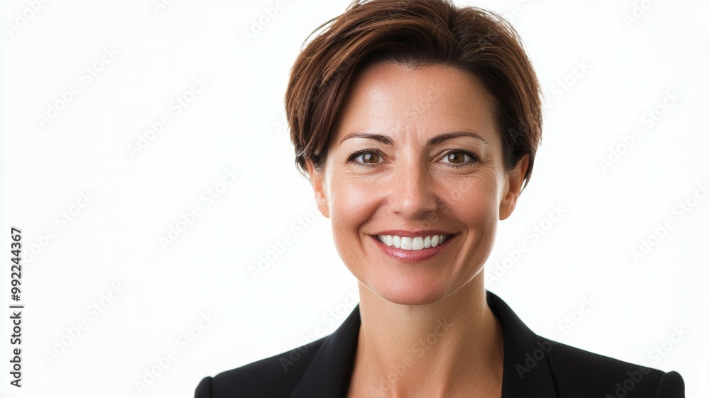 A woman with a smile on her face is wearing a black suit A woman with a smile on her face is wearing a black suit