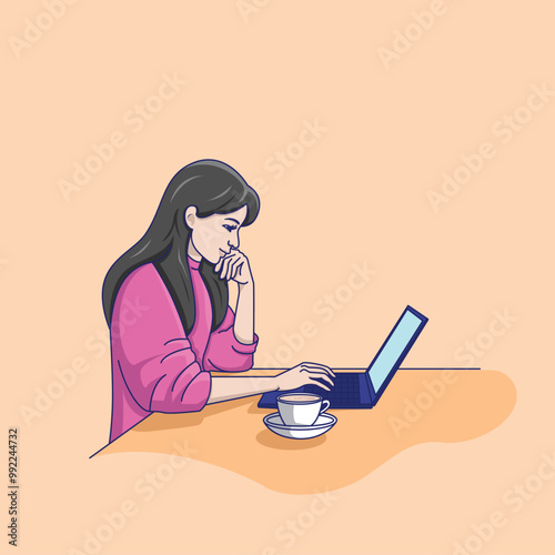 Woman sitting chair typing on laptop with coffee cup on table.