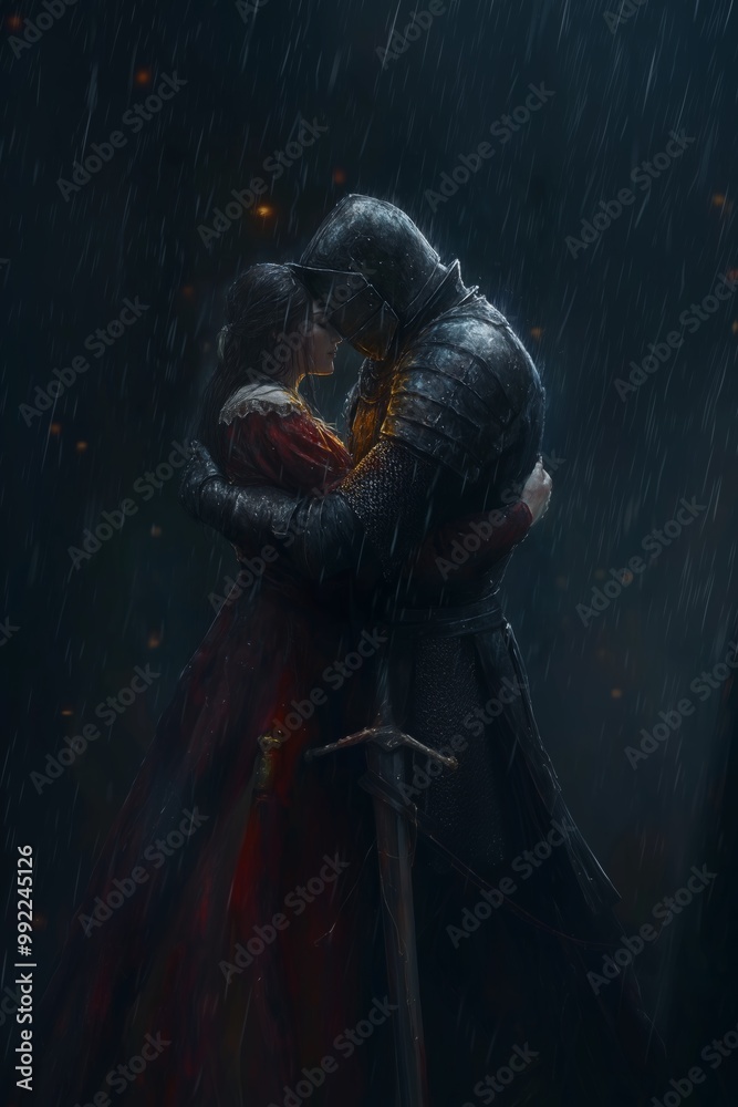 In a rainy embrace, a knight and a woman share a tender moment under dark, stormy skies In a rainy embrace, a knight and a woman share a tender moment under dark, stormy skies