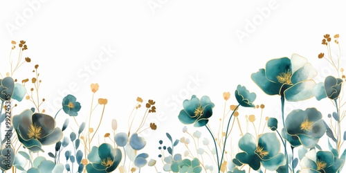 Blue and gold flowery border with a white background. The flowers are in various sizes and are spread out across the border