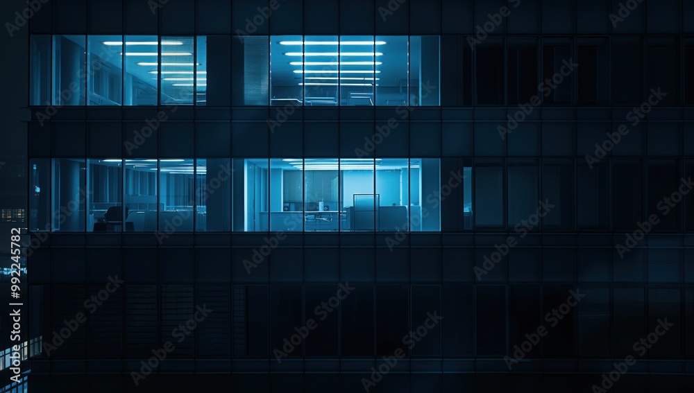 Building with a blue tint on the windows. The windows are open and the inside of the building is dark Building with a blue tint on the windows. The windows are open and the inside of the building is dark