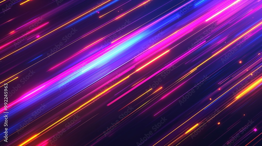 Colorful, neon-lit background with a series of bright, colorful lines. The lines are arranged in a way that creates a sense of movement and energy. Scene is vibrant and dynamic
