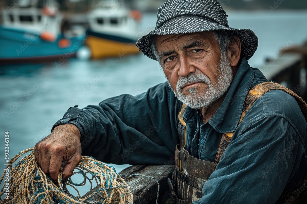 Obraz premium Weathered fisherman with beard holding fishing net near boats