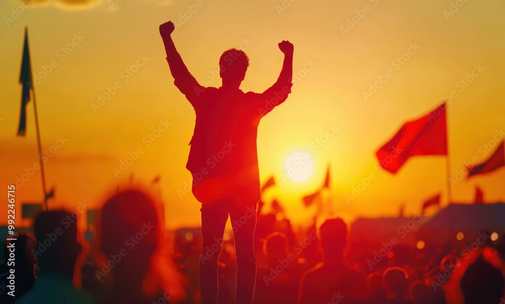 Man is standing in front of a crowd of people, holding his hands up in the air. The crowd is cheering and the man is celebrating. The image has a celebratory and energetic mood Man is standing in front of a crowd of people, holding his hands up in the air. The crowd is cheering and the man is celebrating. The image has a celebratory and energetic mood