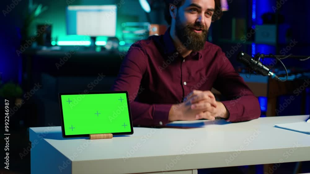 Tech specialist presenting mockup tablet to interested viewers, filming with professional mic. Man reviewing green screen digital device, recording with specialized equipment, camera A