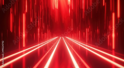 Red and white image of a long, narrow hallway with red lines. The hallway is lit with red lights, creating a sense of depth and movement. The red and white colors give the image a bold photo