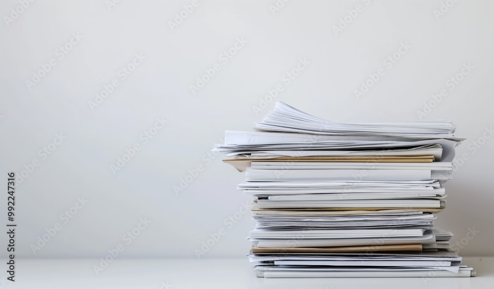 Stack of papers on a table. The papers are crumpled and disorganized. The pile of papers is so high that it almost reaches the ceiling. Concept of chaos and disarray Stack of papers on a table. The papers are crumpled and disorganized. The pile of papers is so high that it almost reaches the ceiling. Concept of chaos and disarray