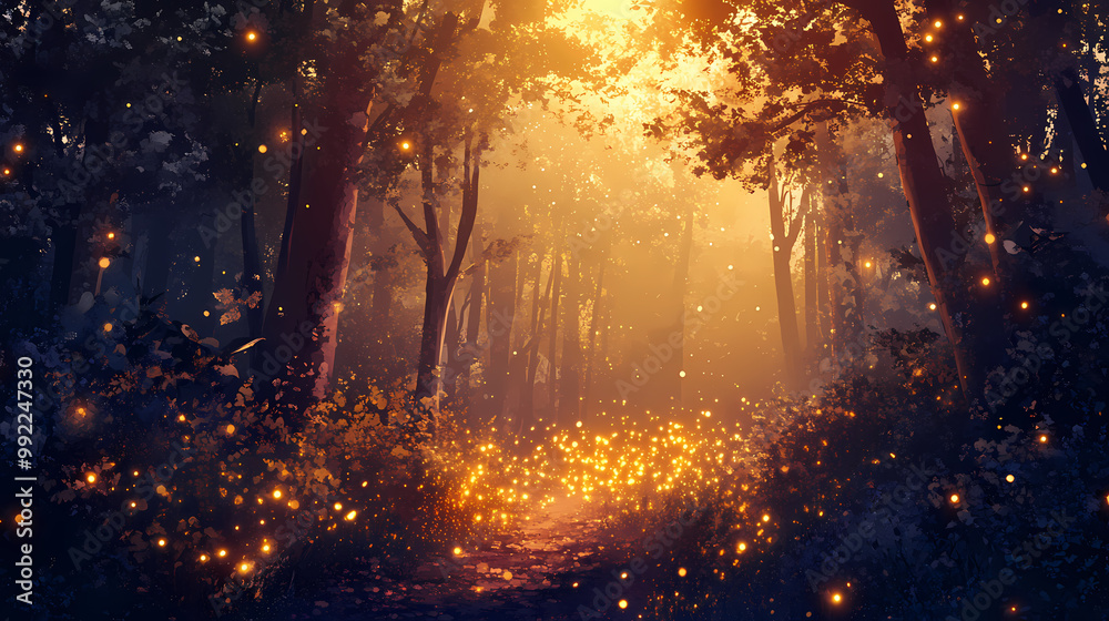 Fantasy illustration of magical fairy tale forest with fireflies. Magical Forest. Illustration Fantasy illustration of magical fairy tale forest with fireflies. Magical Forest. Illustration