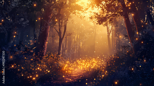 Fantasy illustration of magical fairy tale forest with fireflies. Magical Forest. Illustration