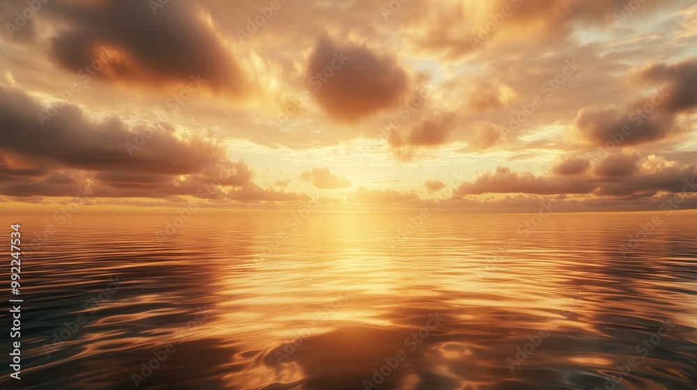 The sky is filled with clouds and the sun is setting. The water is calm and the sky is a beautiful orange color The sky is filled with clouds and the sun is setting. The water is calm and the sky is a beautiful orange color