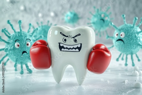 Strong tooth with boxing gloves fighting germs in a microbial battle photo