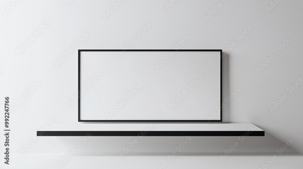 White shelf with a black frame and a white television on it. The television is empty and the shelf is empty White shelf with a black frame and a white television on it. The television is empty and the shelf is empty