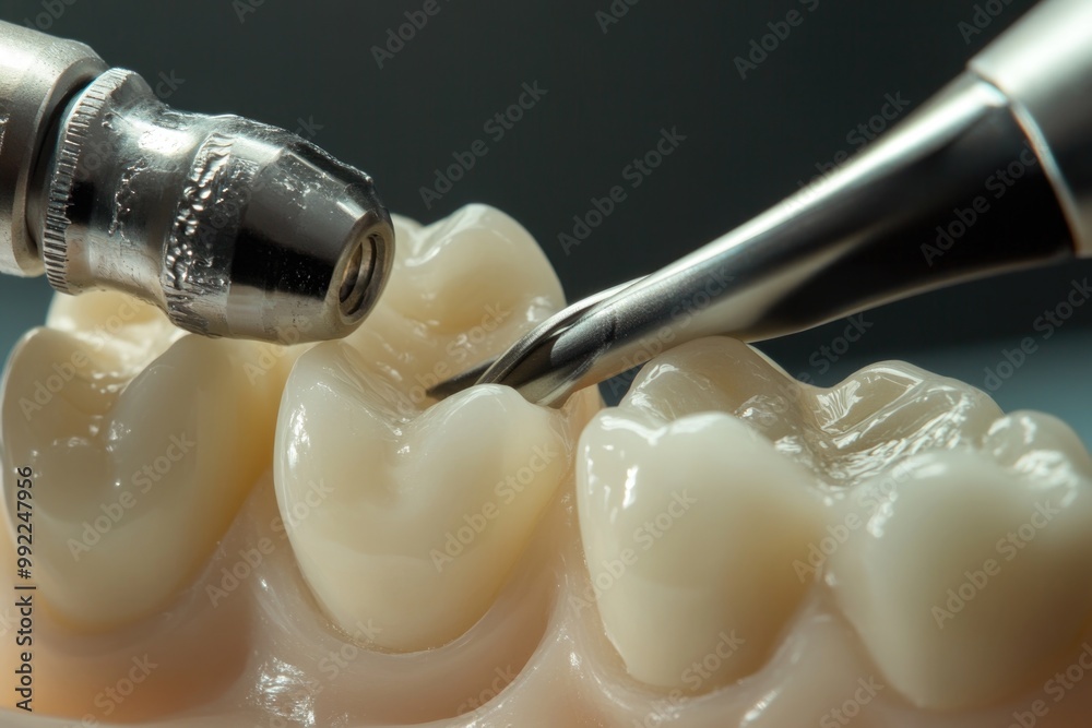 Close-up view of dental tools performing tooth restoration procedure Close-up view of dental tools performing tooth restoration procedure