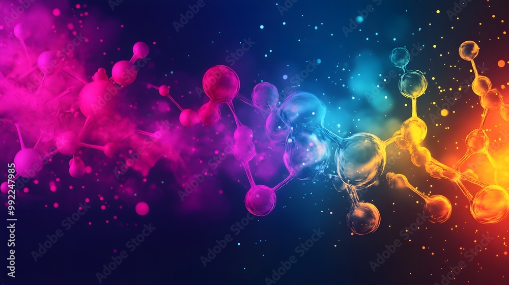 Naklejka premium Abstract Molecular Structure with Glowing Spheres and Dust Particles