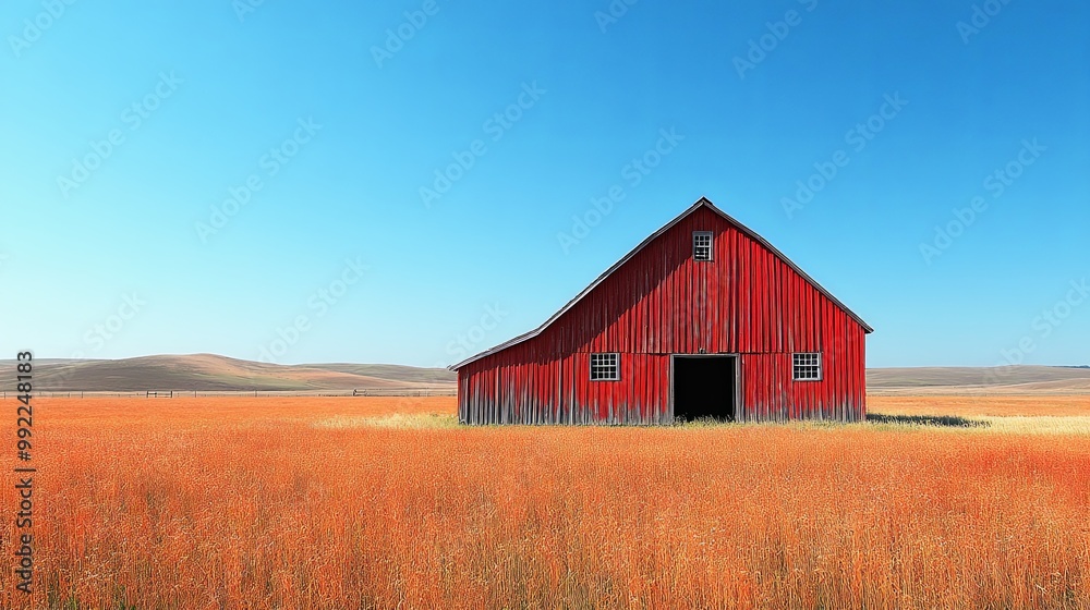 Vibrant Red Barn Amidst Golden Wheat Field