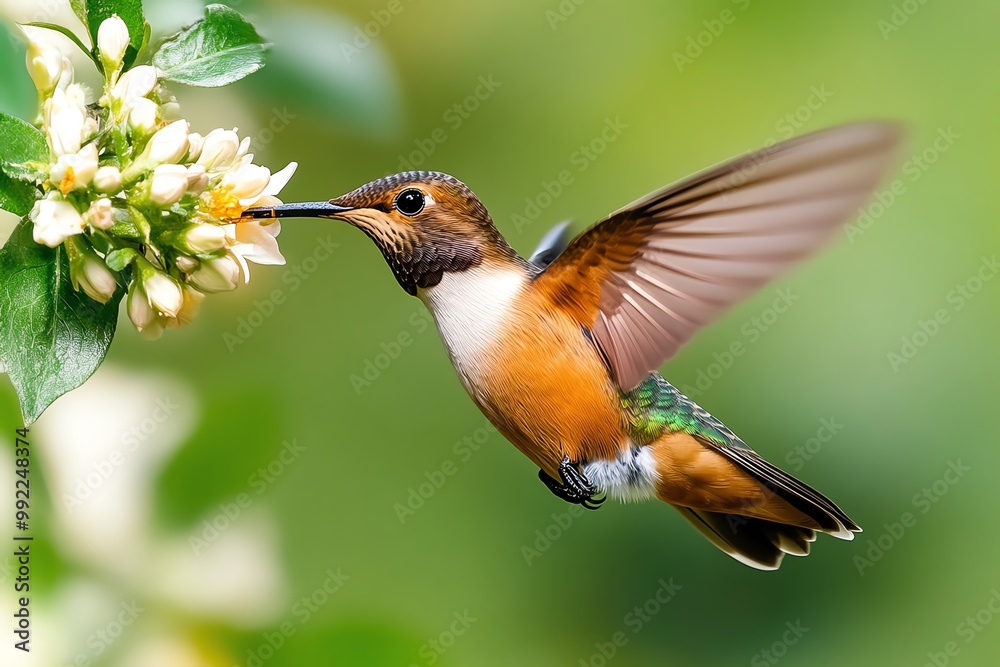 Fototapeta premium A close-up of a hummingbird in mid-flight, hovering near a flower as it drinks nectar, its wings moving in a blur