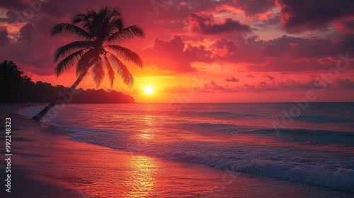 Serene Sunset Over Tropical Beach with Palm Tree