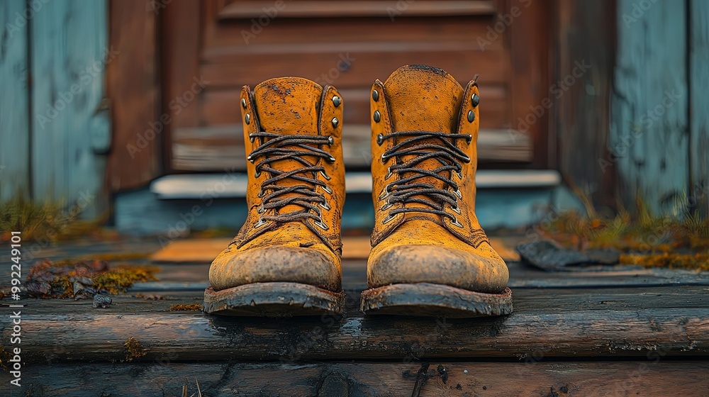 Worn Yellow Boots on Wooden Steps Outdoors Worn Yellow Boots on Wooden Steps Outdoors