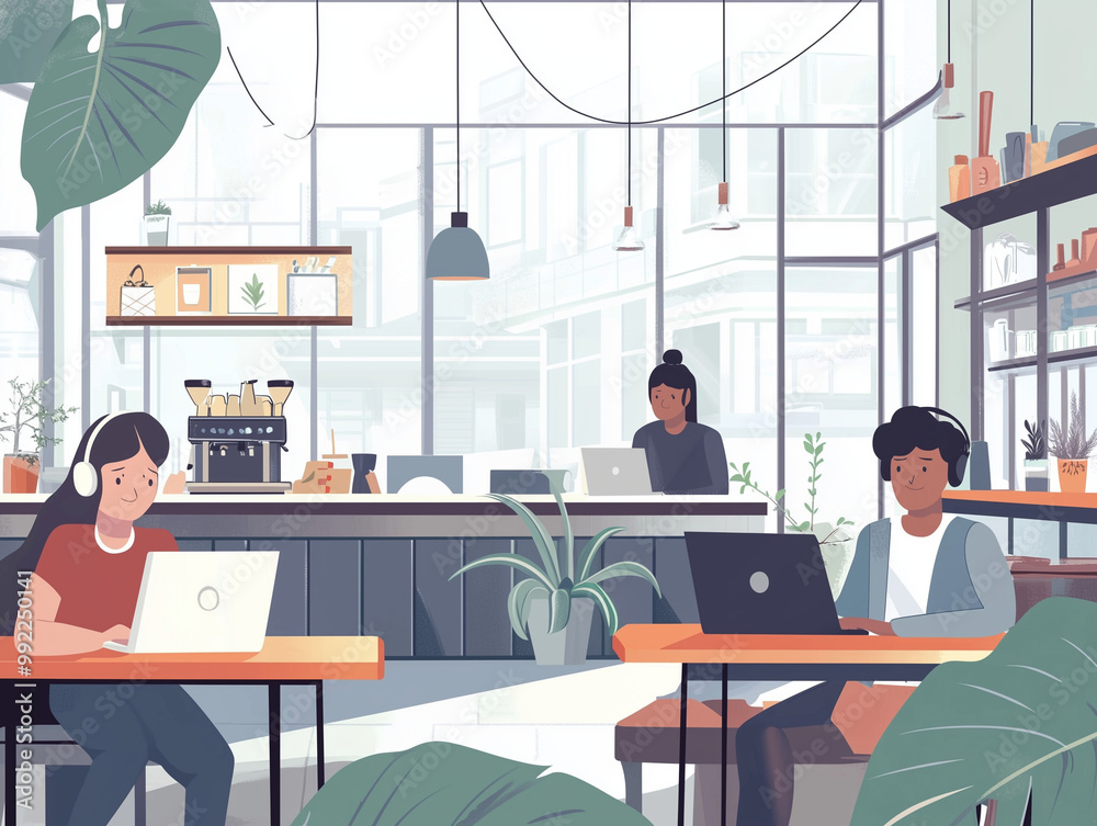 A vector illustration of people working in a trendy coffee shop A vector illustration of people working in a trendy coffee shop