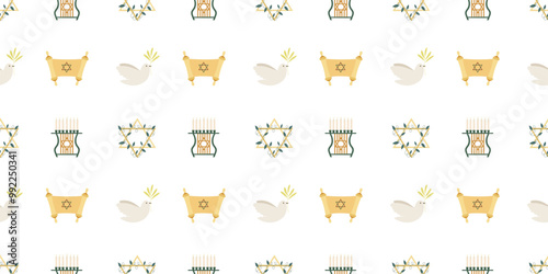 Jewish seamless pattern with traditional Hanukkah elements.