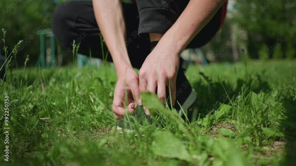 Close-up of someone adjusting their shoes while kneeling on a grassy field, focusing on the hands and footwear Close-up of someone adjusting their shoes while kneeling on a grassy field, focusing on the hands and footwear