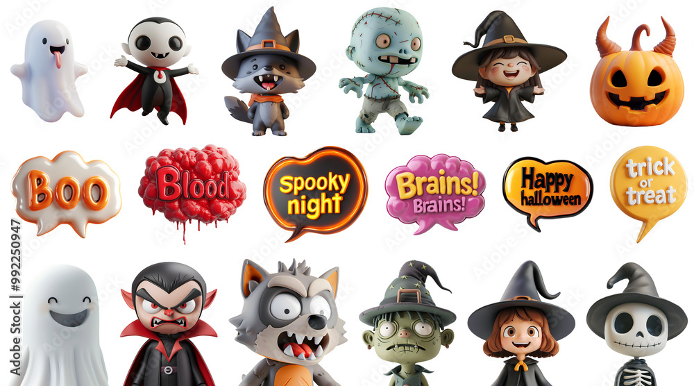 Obraz premium Cartoon Halloween Characters and 3D Illustrations: Set of Ghost, Witch, Werewolf, Zombie, Vampire, and Speech Bubbles, Isolated on Transparent Background, PNG