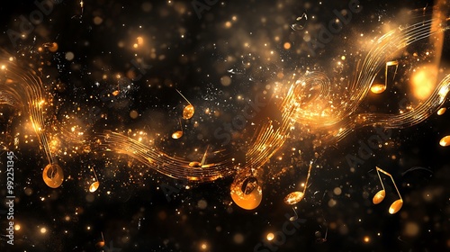 Abstract Music Notes Background with Golden Sparkle Effect