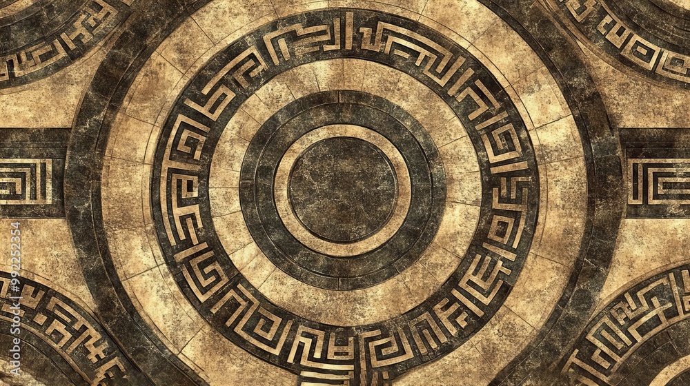 Intricate golden and black geometric patterns adorn this aged stone floor. Intricate golden and black geometric patterns adorn this aged stone floor.