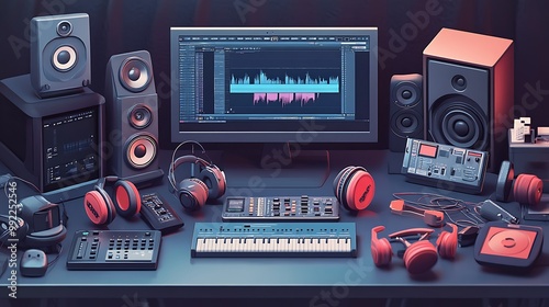 Music Production Studio Setup with Monitors, Headphones, Keyboard, and Software photo