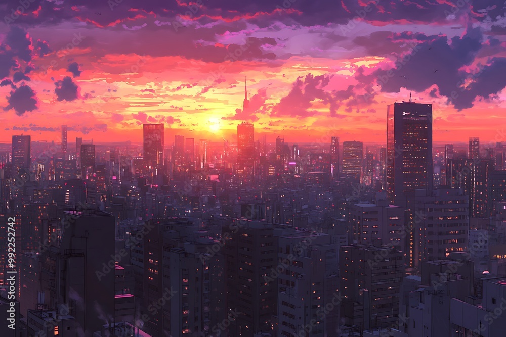 Fototapeta premium Stunning Sunset Cityscape with Vibrant Colors and Cloudy Sky