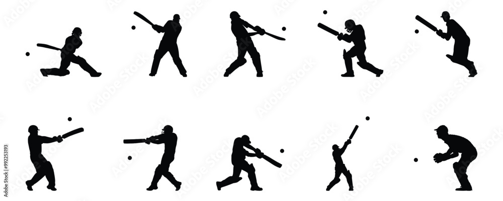 men's cricket player batting silhouette set men's cricket player batting silhouette set
